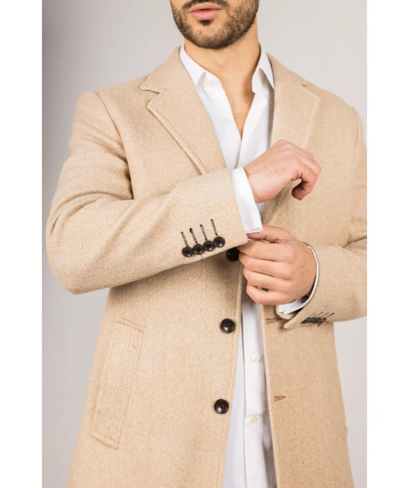 Men's Notched Lapel Collar Wool Blend Beige Overcoat