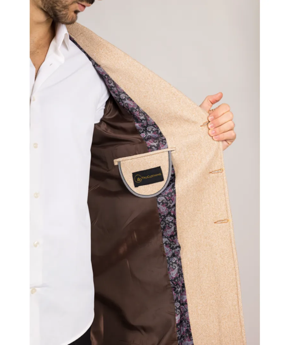 Men's Notched Lapel Collar Wool Blend Beige Overcoat