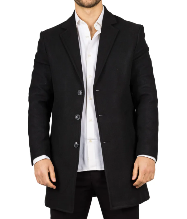 Men's Notched Lapel Collar Wool Blend Black Overcoat