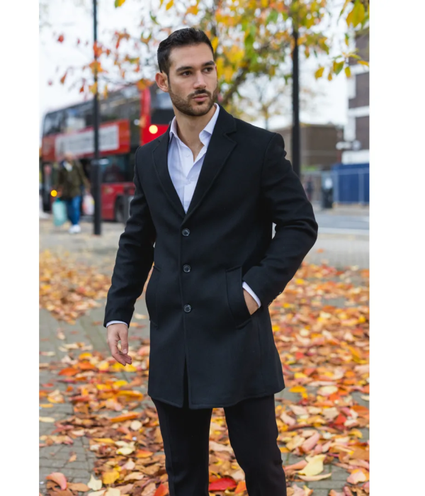 Men's Notched Lapel Collar Wool Blend Black Overcoat