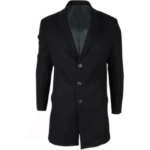 Men’s Notched Lapel Collar Wool Blend Black Overcoat