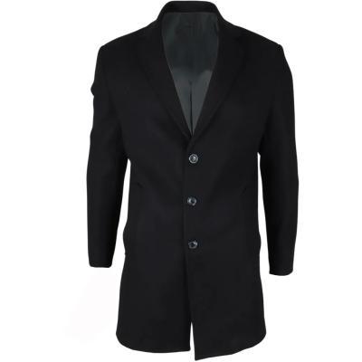 Men's Notched Lapel Collar Wool Blend Black Overcoat