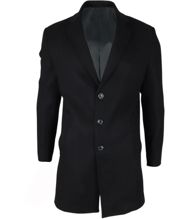 Men's Notched Lapel Collar Wool Blend Black Overcoat