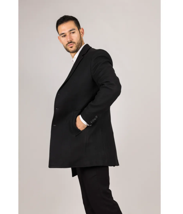 Men's Notched Lapel Collar Wool Blend Black Overcoat