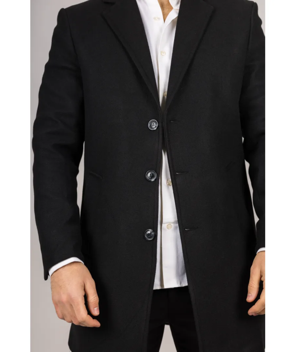 Men's Notched Lapel Collar Wool Blend Black Overcoat