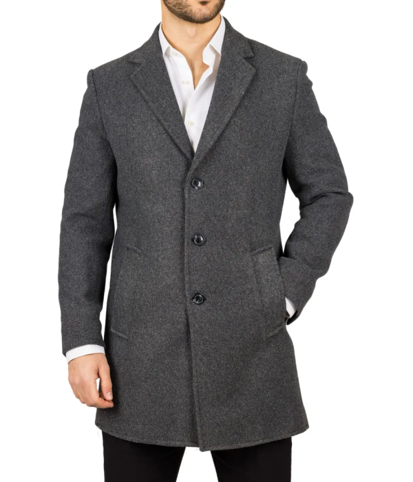 Men's Notched Lapel Collar Wool Blend Grey Overcoat