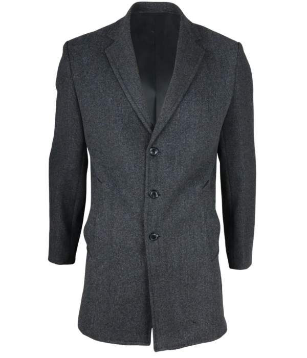 Men's Notched Lapel Collar Wool Blend Grey Overcoat