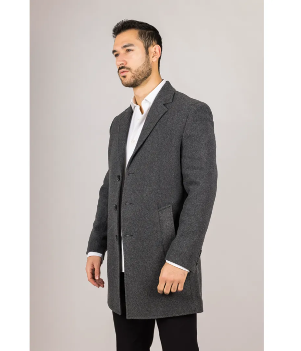 Men's Notched Lapel Collar Wool Blend Grey Overcoat