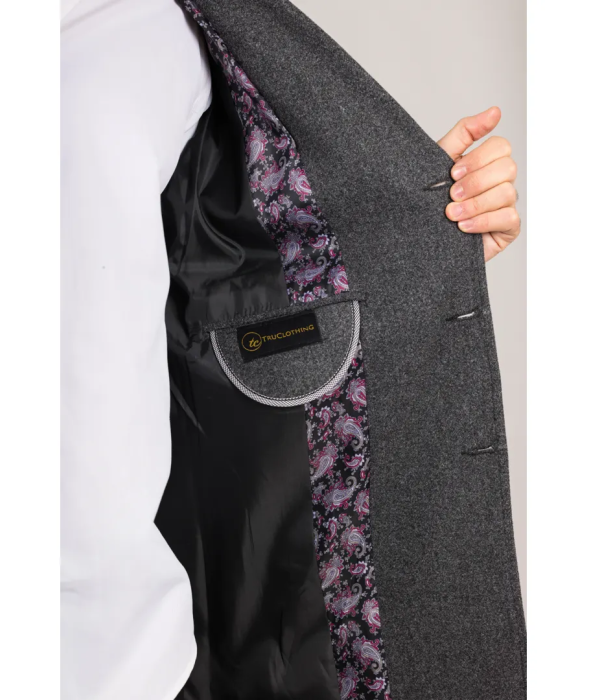 Men's Notched Lapel Collar Wool Blend Grey Overcoat