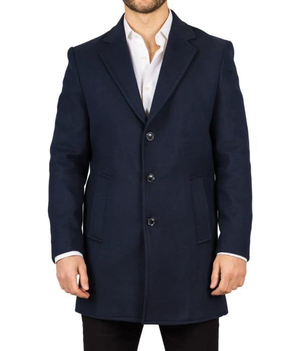 Men's Notched Lapel Collar Wool Blend Navy Overcoat