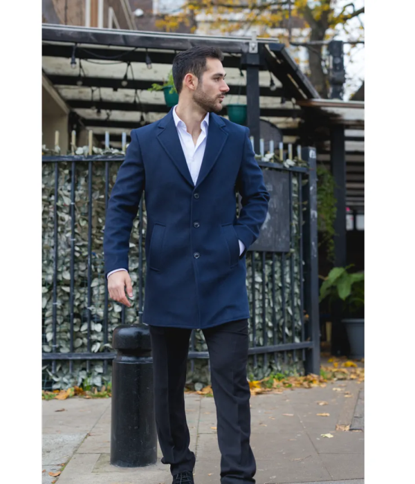 Men's Notched Lapel Collar Wool Blend Navy Overcoat