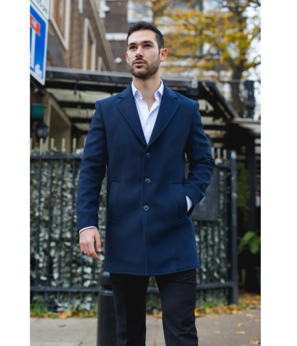 Men's Notched Lapel Collar Wool Blend Navy Overcoat