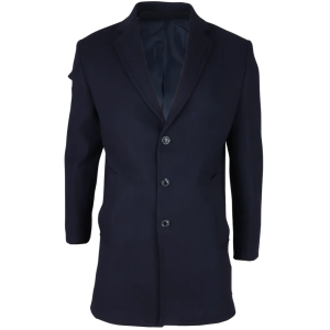 Men’s Notched Lapel Collar Wool Blend Navy Overcoat