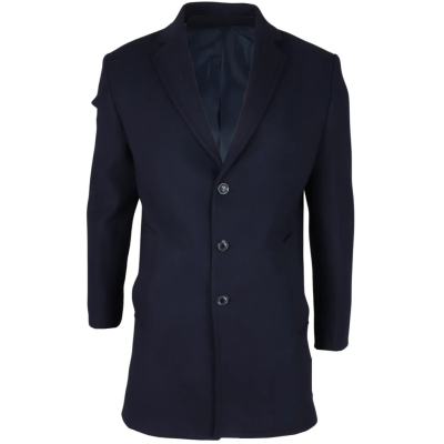 Men's Notched Lapel Collar Wool Blend Navy Overcoat