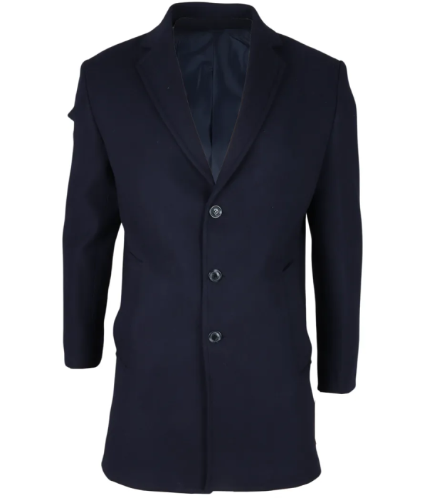 Men's Notched Lapel Collar Wool Blend Navy Overcoat