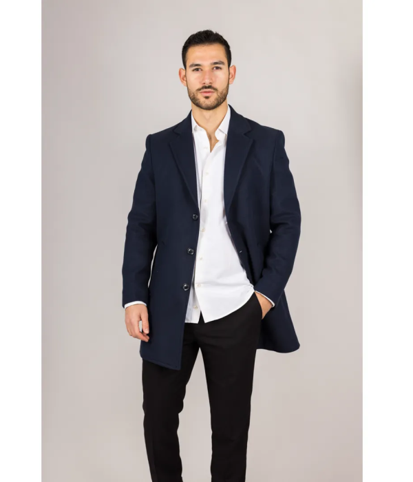 Men's Notched Lapel Collar Wool Blend Navy Overcoat