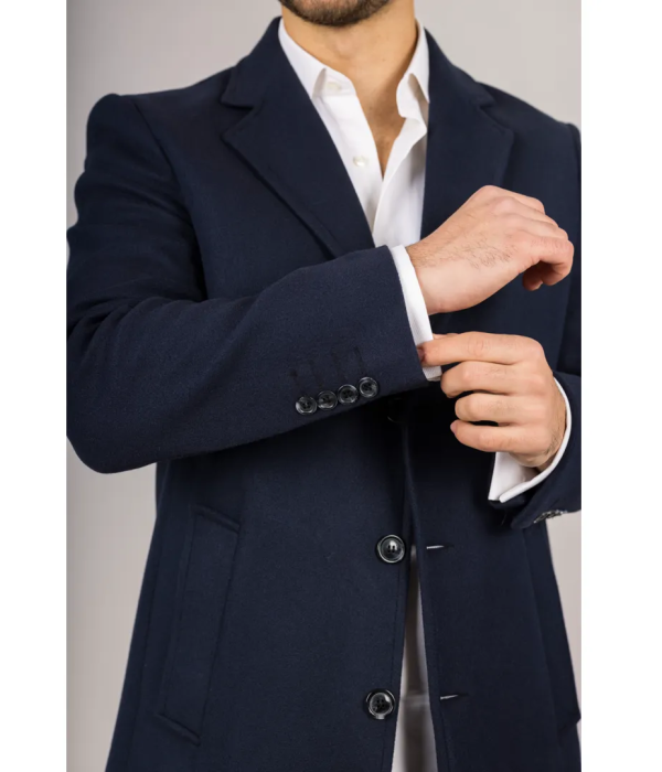 Men's Notched Lapel Collar Wool Blend Navy Overcoat