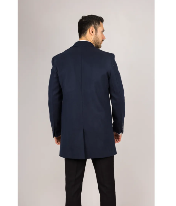 Men's Notched Lapel Collar Wool Blend Navy Overcoat