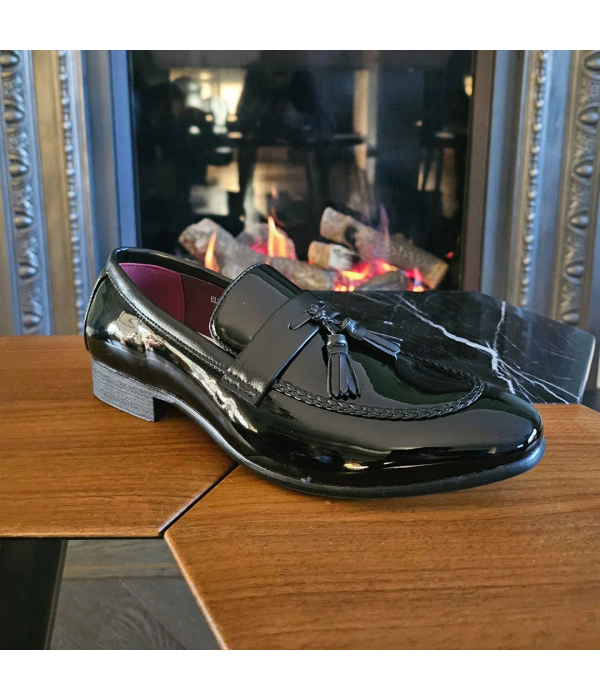 Men's Patent Tassel Slip On Black Loafers