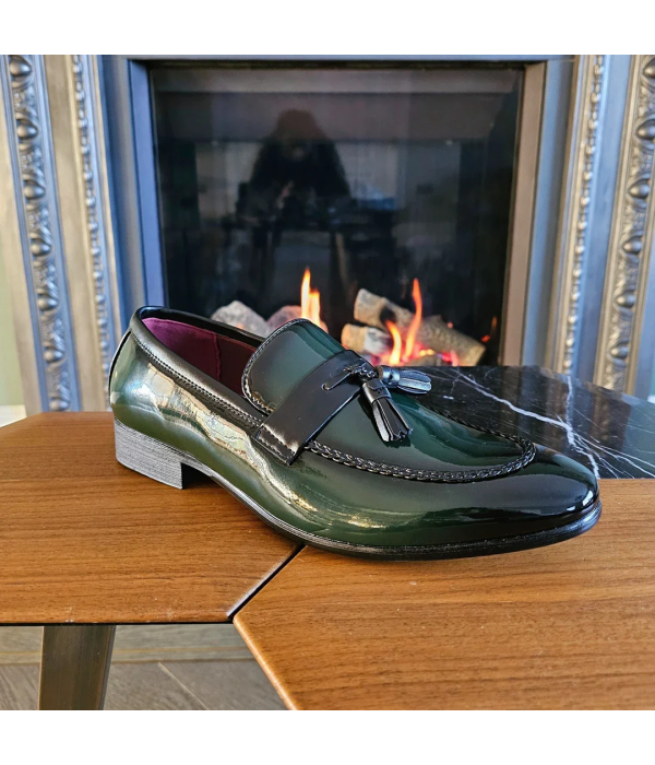 Men's Patent Tassel Slip On Green Loafers