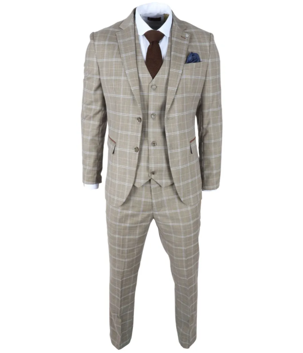 Hode - Men's Brown Checked Plaid Tailored Fit 3 Piece Suit