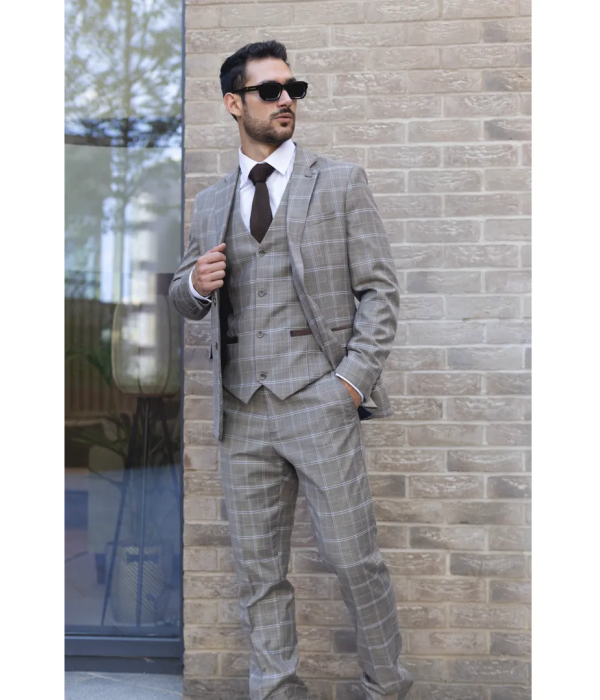 Hode - Men's Brown Checked Plaid Tailored Fit 3 Piece Suit