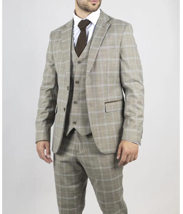 Hode - Men's Brown Checked Plaid Tailored Fit 3 Piece Suit