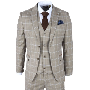 Hode – Men’s Brown Checked Plaid Tailored Fit 3 Piece Suit