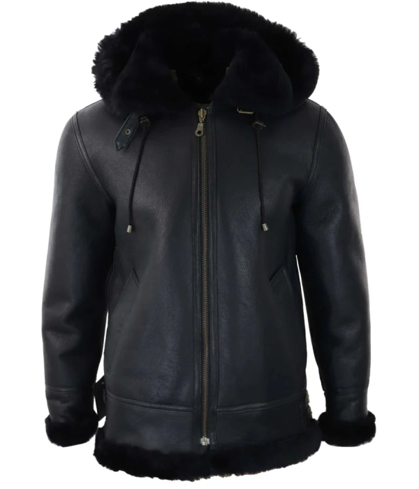 Men's Black Leather Sherling Sheepskin Hood Jacket Aviator Flying Pilot