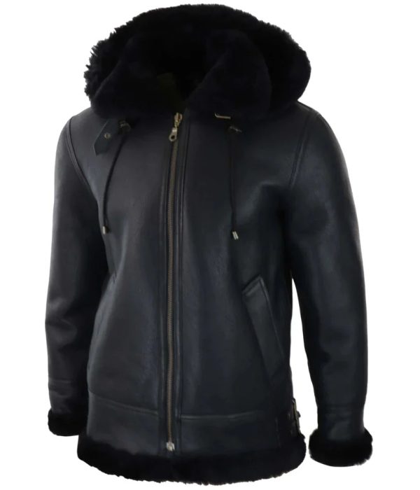 Men's Black Leather Sherling Sheepskin Hood Jacket Aviator Flying Pilot