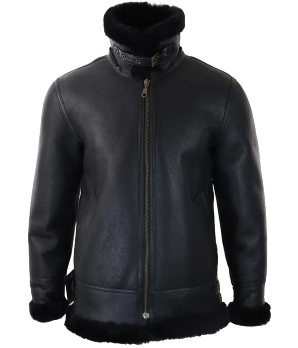 Men's Black Leather Sherling Sheepskin Hood Jacket Aviator Flying Pilot