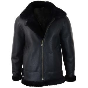 Men’s Black Leather Sherling Sheepskin Hood Jacket Aviator Flying Pilot