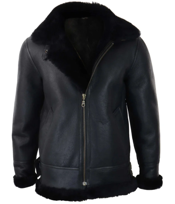 Men's Black Leather Sherling Sheepskin Hood Jacket Aviator Flying Pilot