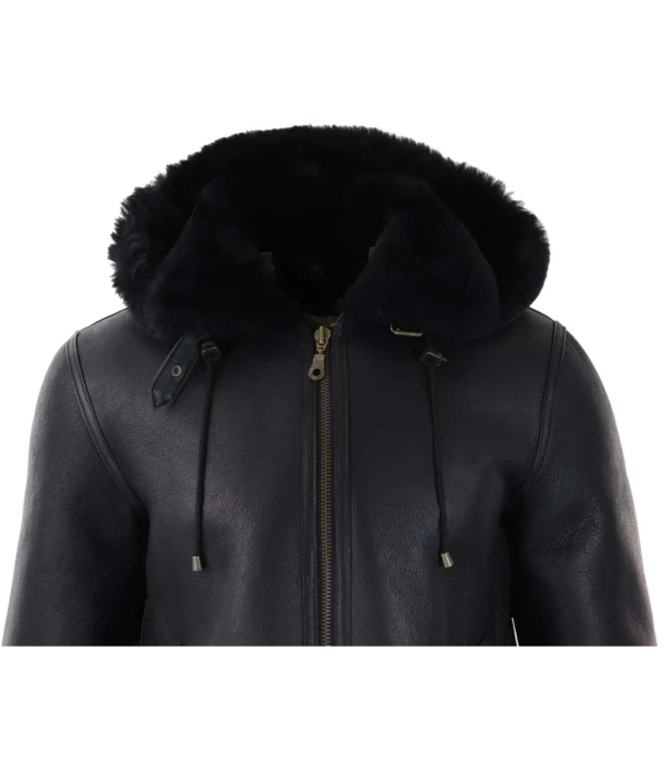 Men's Black Leather Sherling Sheepskin Hood Jacket Aviator Flying Pilot