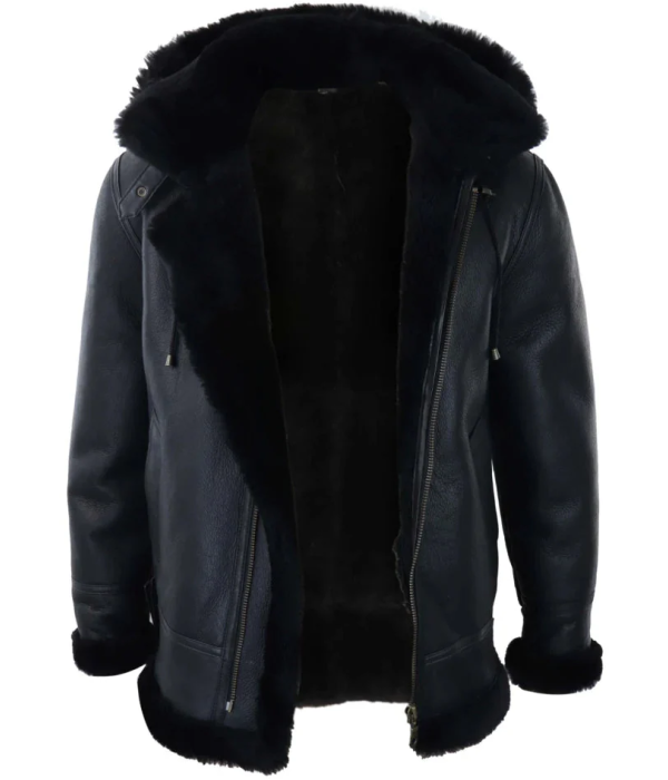 Men's Black Leather Sherling Sheepskin Hood Jacket Aviator Flying Pilot