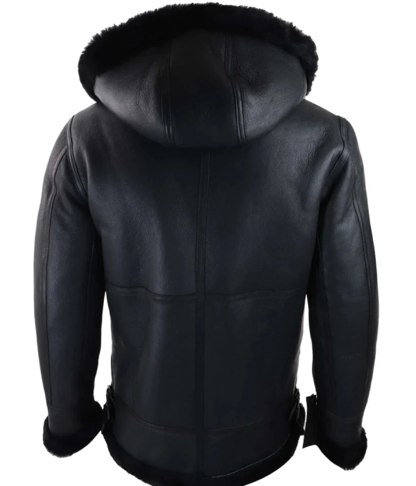 Men's Black Leather Sherling Sheepskin Hood Jacket Aviator Flying Pilot