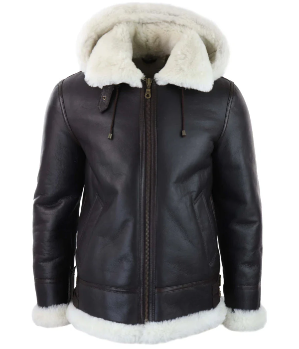 Men's Leather Sherling Sheepskin Hood Jacket Aviator Flying Pilot