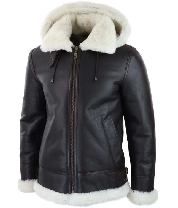 Men's Leather Sherling Sheepskin Hood Jacket Aviator Flying Pilot