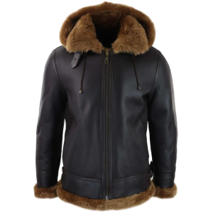 Men’s Brown Leather Sherling Sheepskin Hood Jacket Aviator Flying Pilot