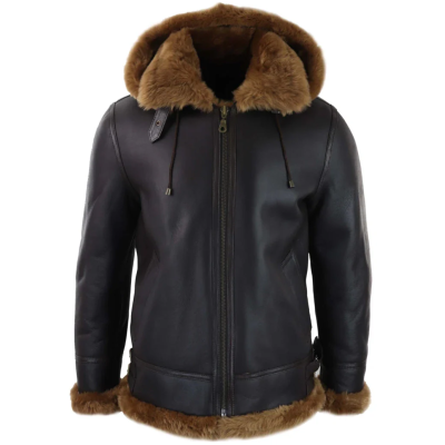 Men's Brown Leather Sherling Sheepskin Hood Jacket Aviator Flying Pilot