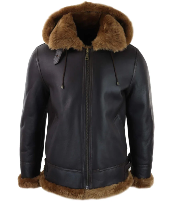 Men's Brown Leather Sherling Sheepskin Hood Jacket Aviator Flying Pilot