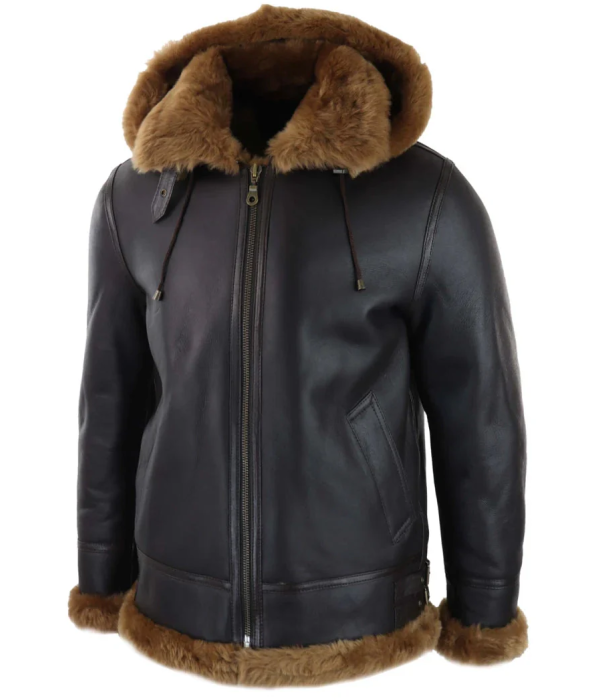 Men's Brown Leather Sherling Sheepskin Hood Jacket Aviator Flying Pilot