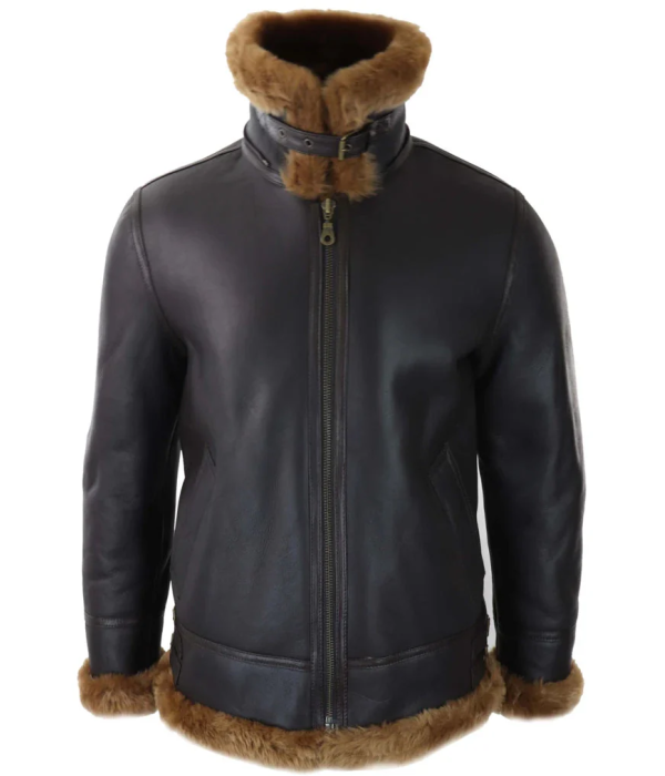 Men's Brown Leather Sherling Sheepskin Hood Jacket Aviator Flying Pilot