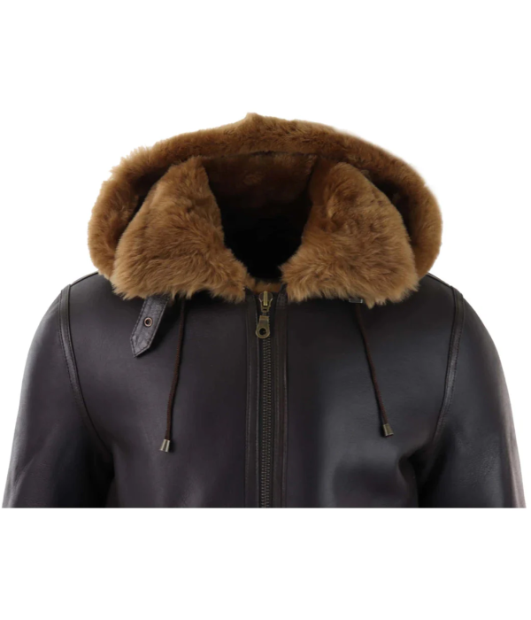 Men's Brown Leather Sherling Sheepskin Hood Jacket Aviator Flying Pilot