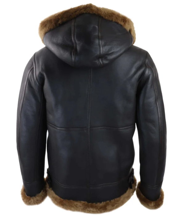 Men's Brown Leather Sherling Sheepskin Hood Jacket Aviator Flying Pilot