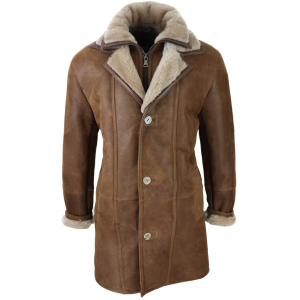 Men’s 3/4 Duffle Jacket Sheepskin Long Button Zip Warm – Tan