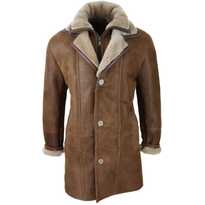 Men's 3/4 Duffle Jacket Sheepskin Long Button Zip Warm - Tan