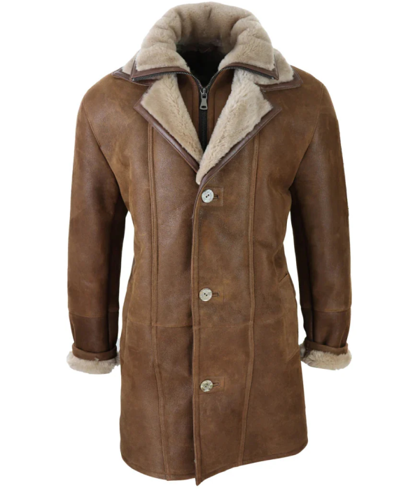 Men's 3/4 Duffle Jacket Sheepskin Long Button Zip Warm - Tan