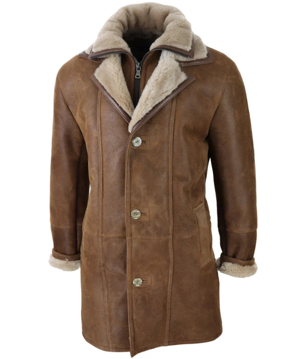 Men's 3/4 Duffle Jacket Sheepskin Long Button Zip Warm - Tan