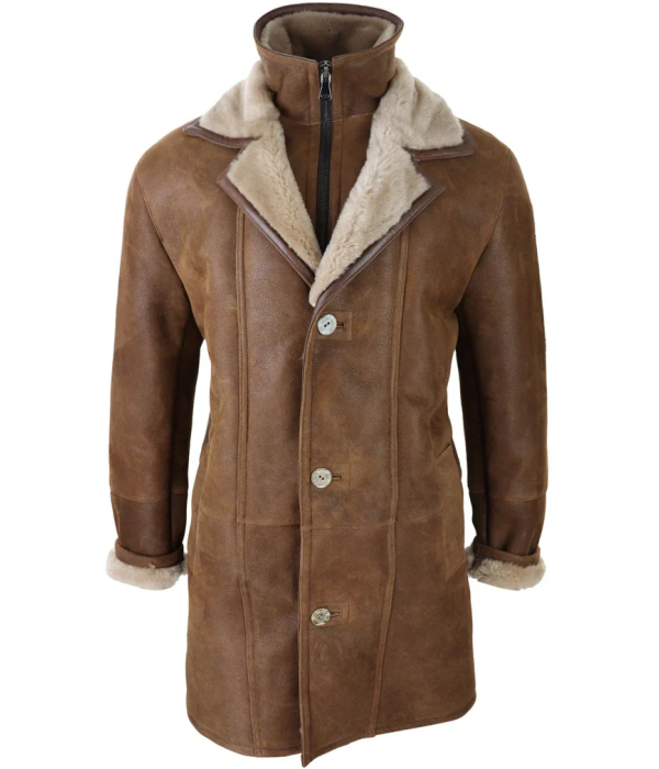 Men's 3/4 Duffle Jacket Sheepskin Long Button Zip Warm - Tan